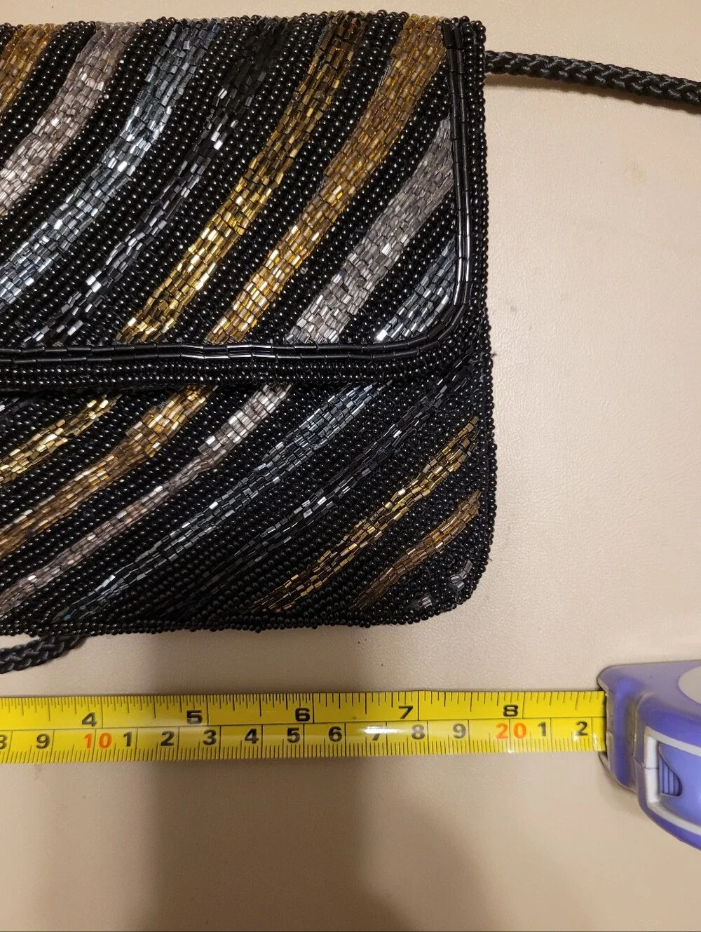 Black Beaded Evening Bag with Gold & Silver Accents.